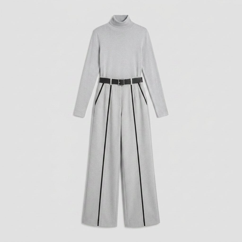 Cecile | Women's Belted Knit Jumpsuit with Contrast Piping