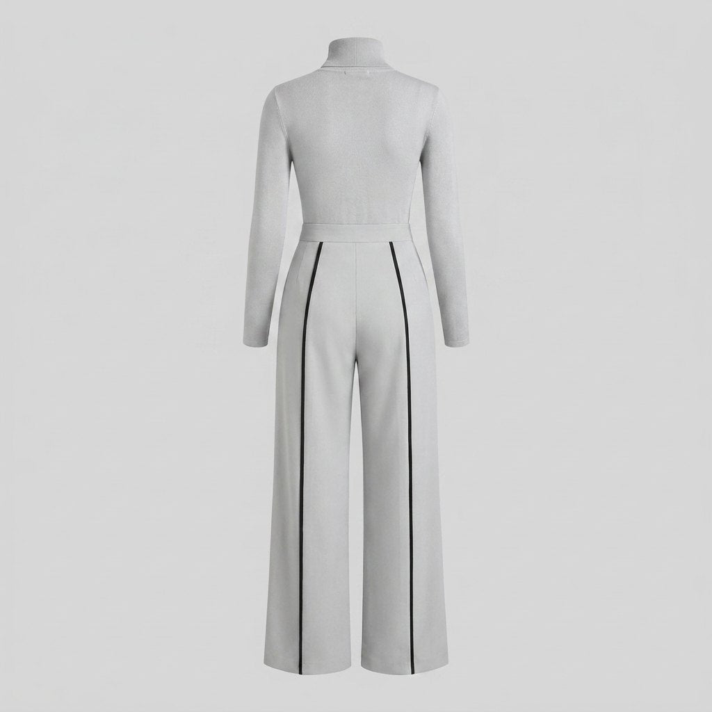 Cecile | Women's Belted Knit Jumpsuit with Contrast Piping