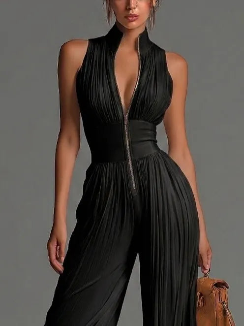 Constance | Women's Black Wide-Leg Zip-Front Jumpsuit