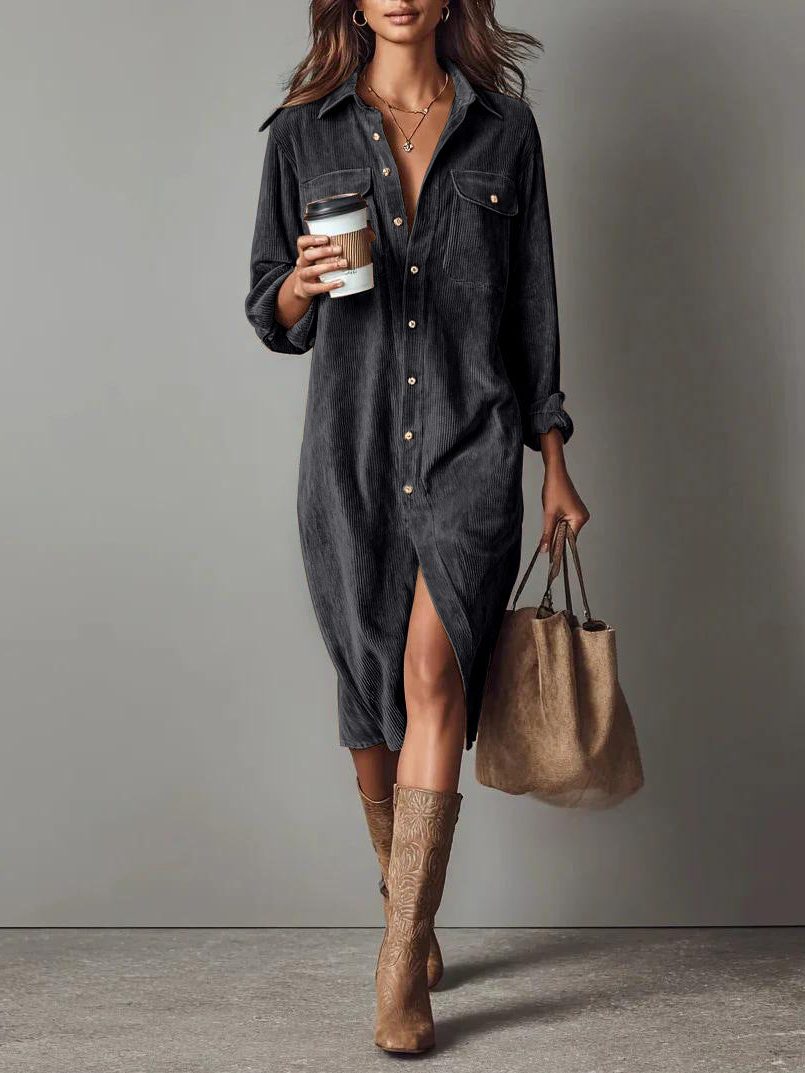 Mabel-Sabine | Women's Button-Down Corduroy Shirt Dress with Side Slit