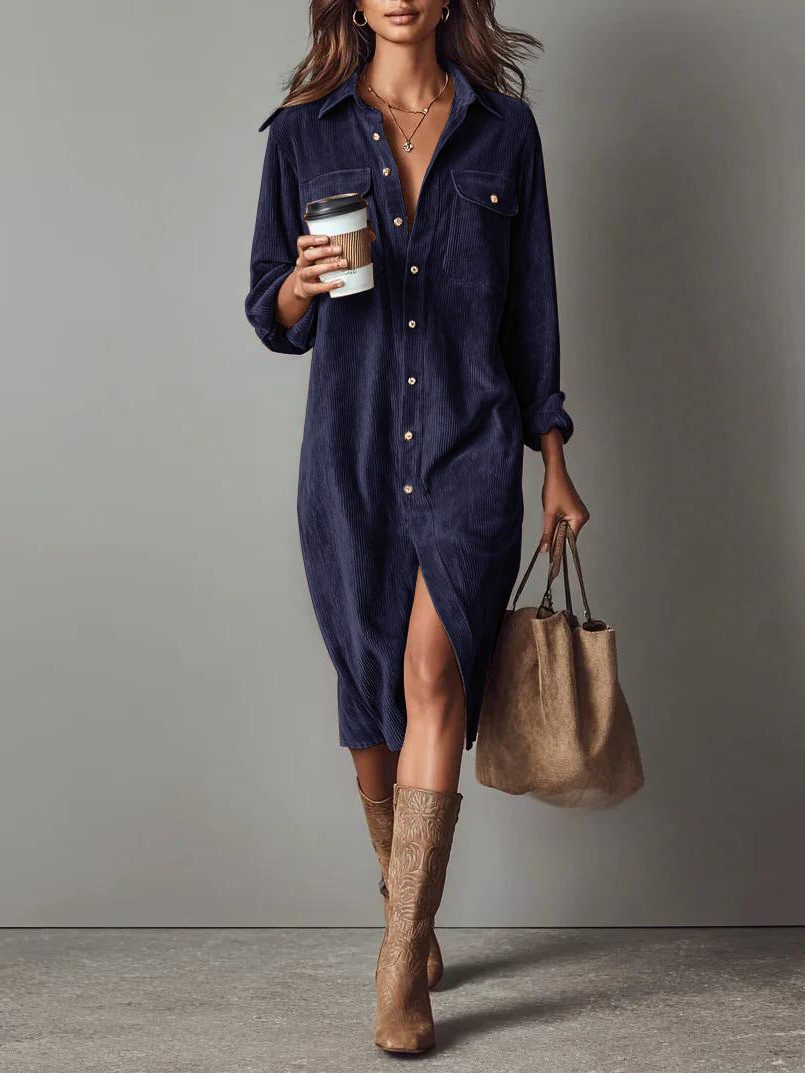 Mabel-Sabine | Women's Button-Down Corduroy Shirt Dress with Side Slit