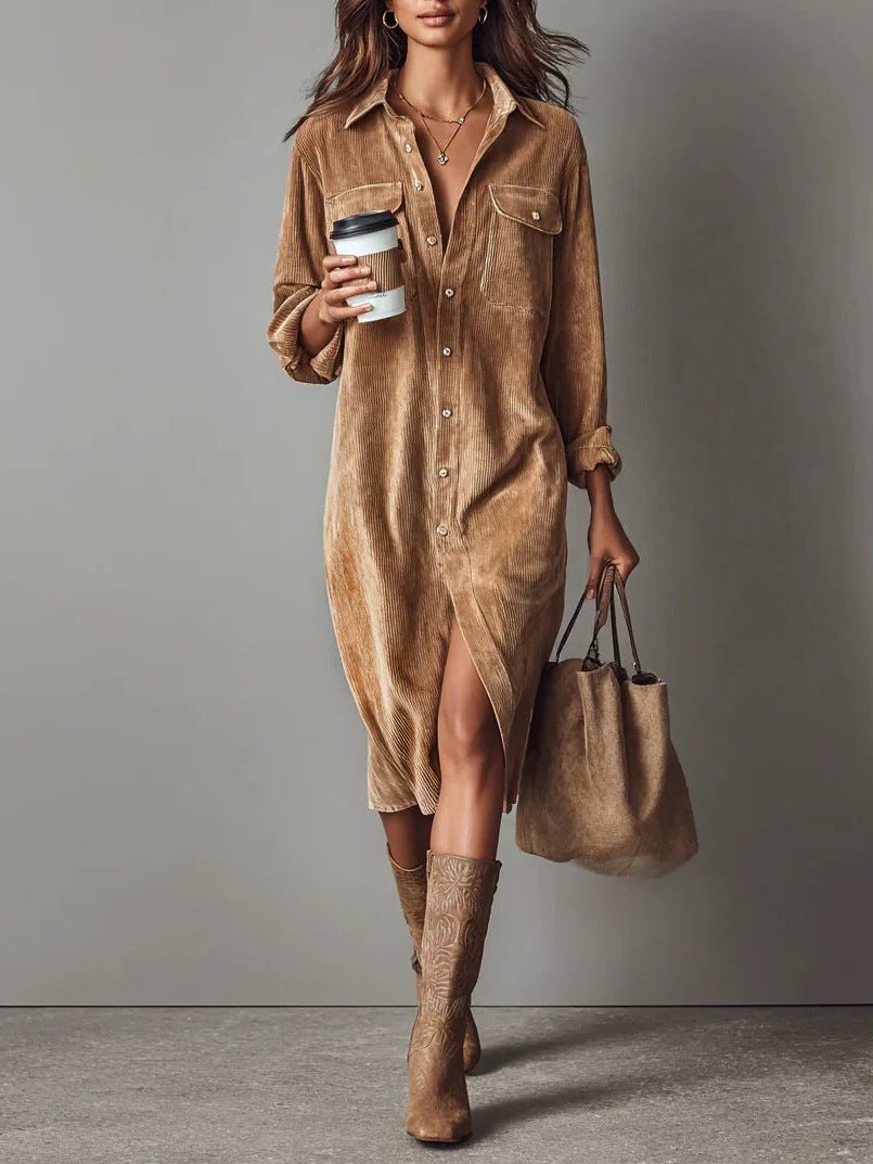Mabel-Sabine | Women's Button-Down Corduroy Shirt Dress with Side Slit