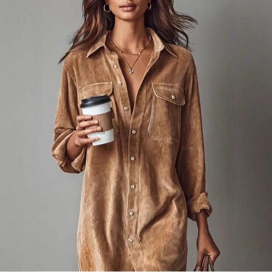 Mabel-Sabine | Women's Button-Down Corduroy Shirt Dress with Side Slit