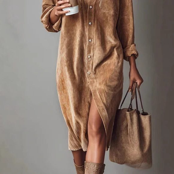Mabel-Sabine | Women's Button-Down Corduroy Shirt Dress with Side Slit