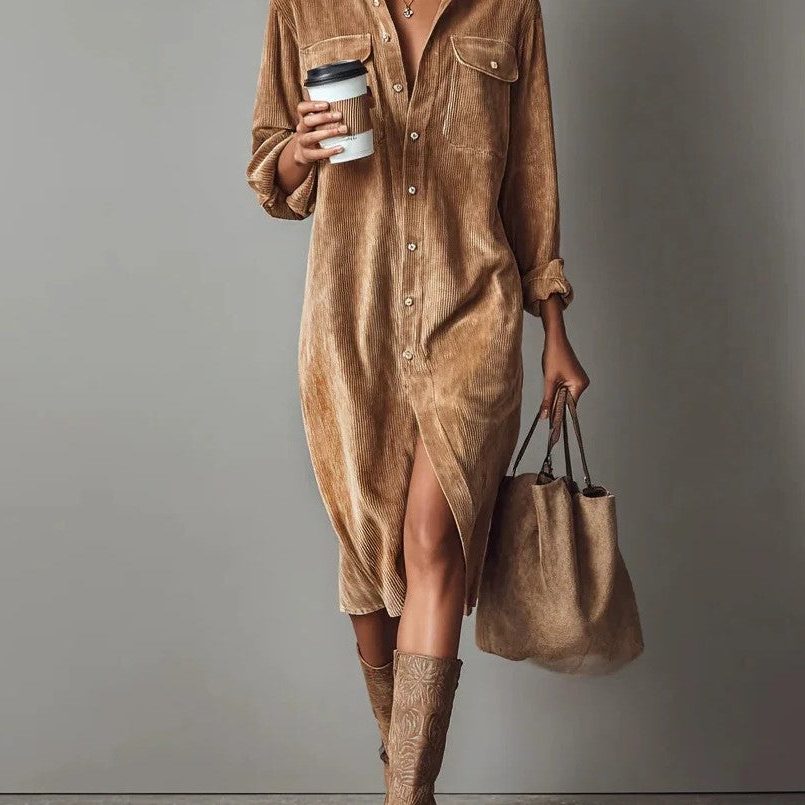 Mabel-Sabine | Women's Button-Down Corduroy Shirt Dress with Side Slit