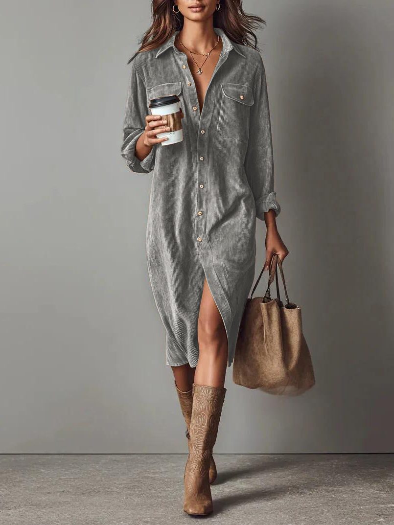 Mabel-Sabine | Women's Button-Down Corduroy Shirt Dress with Side Slit