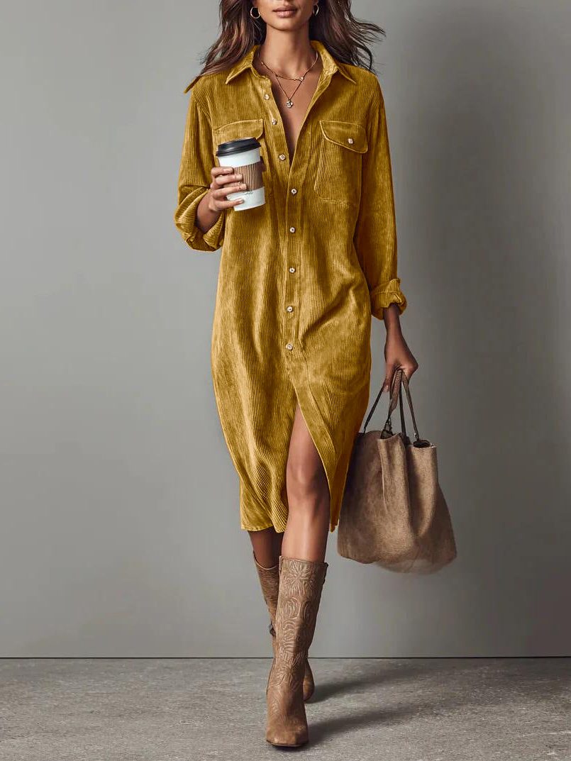 Mabel-Sabine | Women's Button-Down Corduroy Shirt Dress with Side Slit