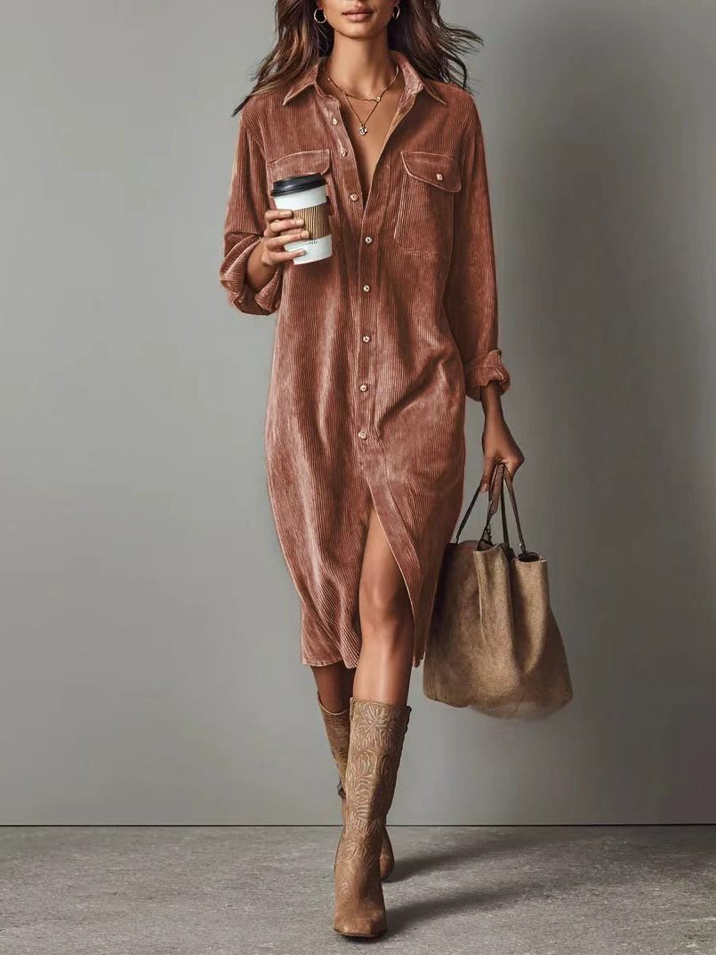 Mabel-Sabine | Women's Button-Down Corduroy Shirt Dress with Side Slit