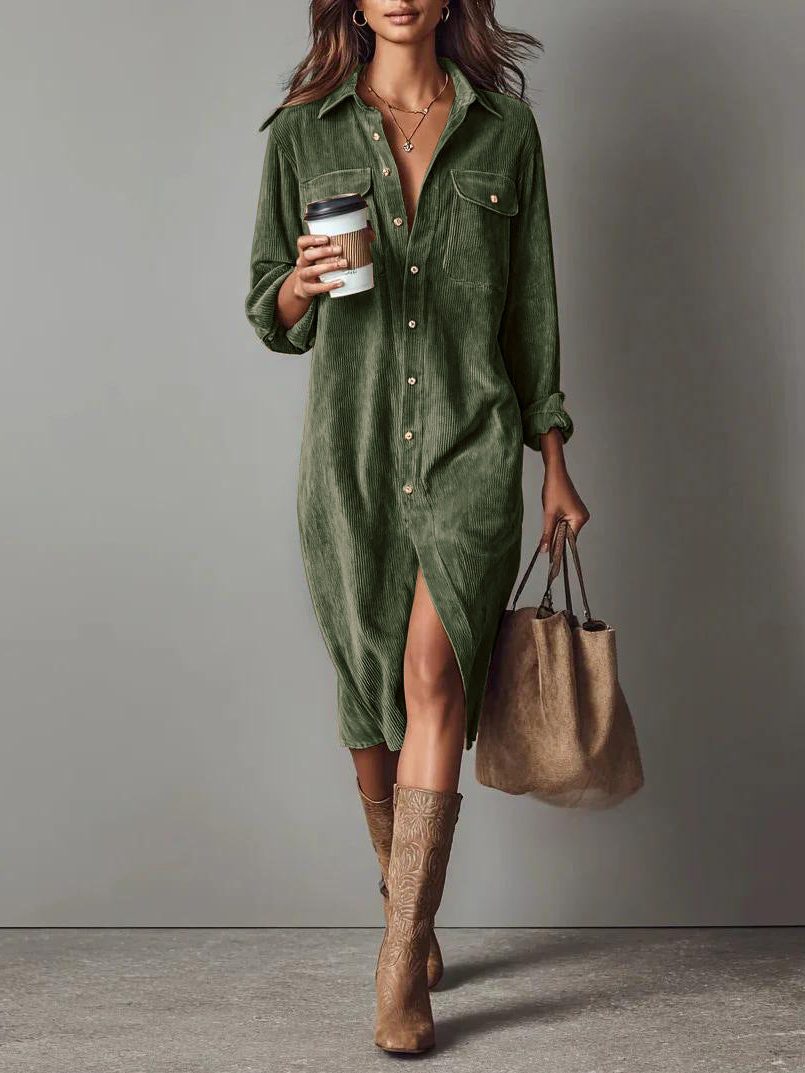 Mabel-Sabine | Women's Button-Down Corduroy Shirt Dress with Side Slit