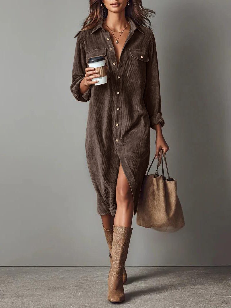 Mabel-Sabine | Women's Button-Down Corduroy Shirt Dress with Side Slit