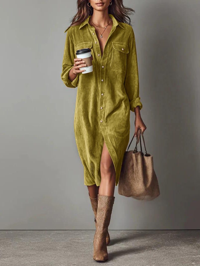 Mabel-Sabine | Women's Button-Down Corduroy Shirt Dress with Side Slit