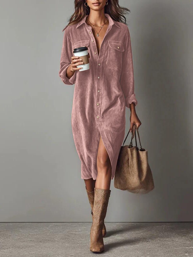 Mabel-Sabine | Women's Button-Down Corduroy Shirt Dress with Side Slit