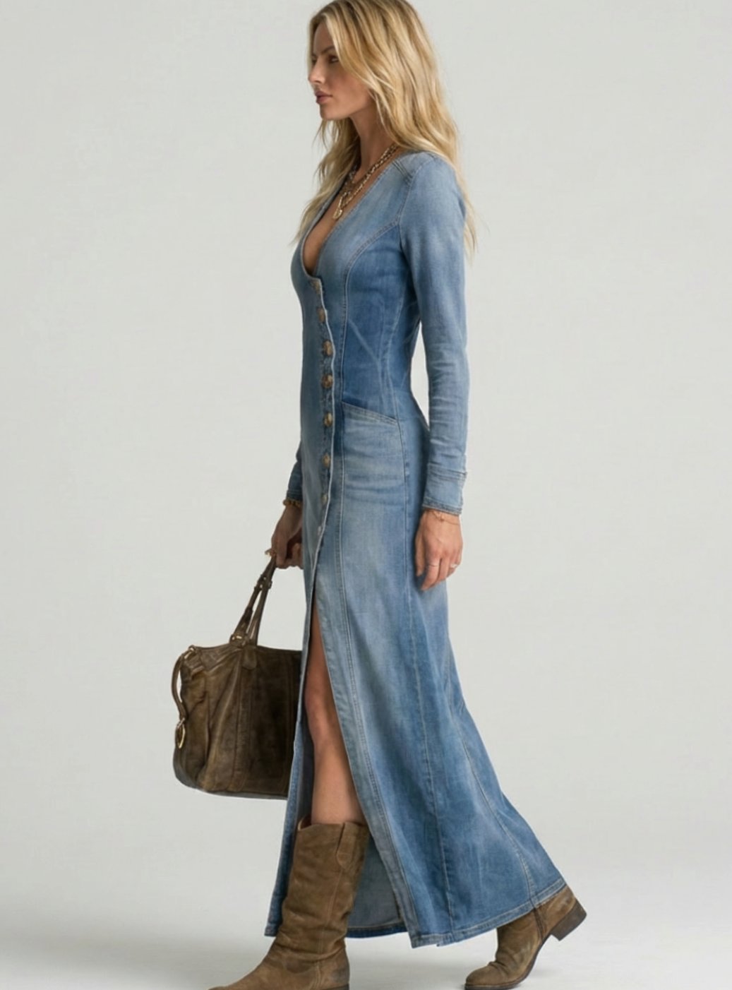 Virginia | Women's Button-Front Denim Maxi Dress