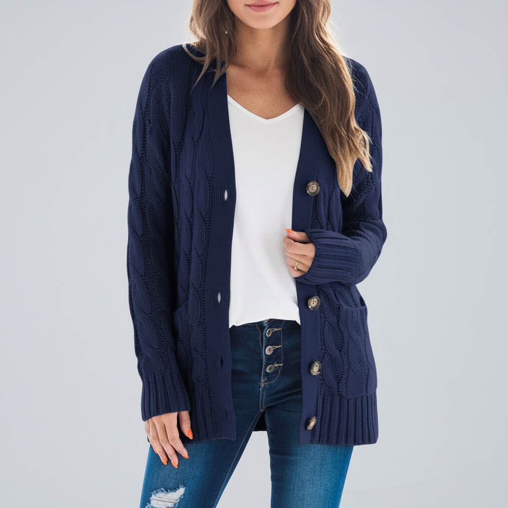 June-Esther | Women's Cable Knit Button-Front Cardigan