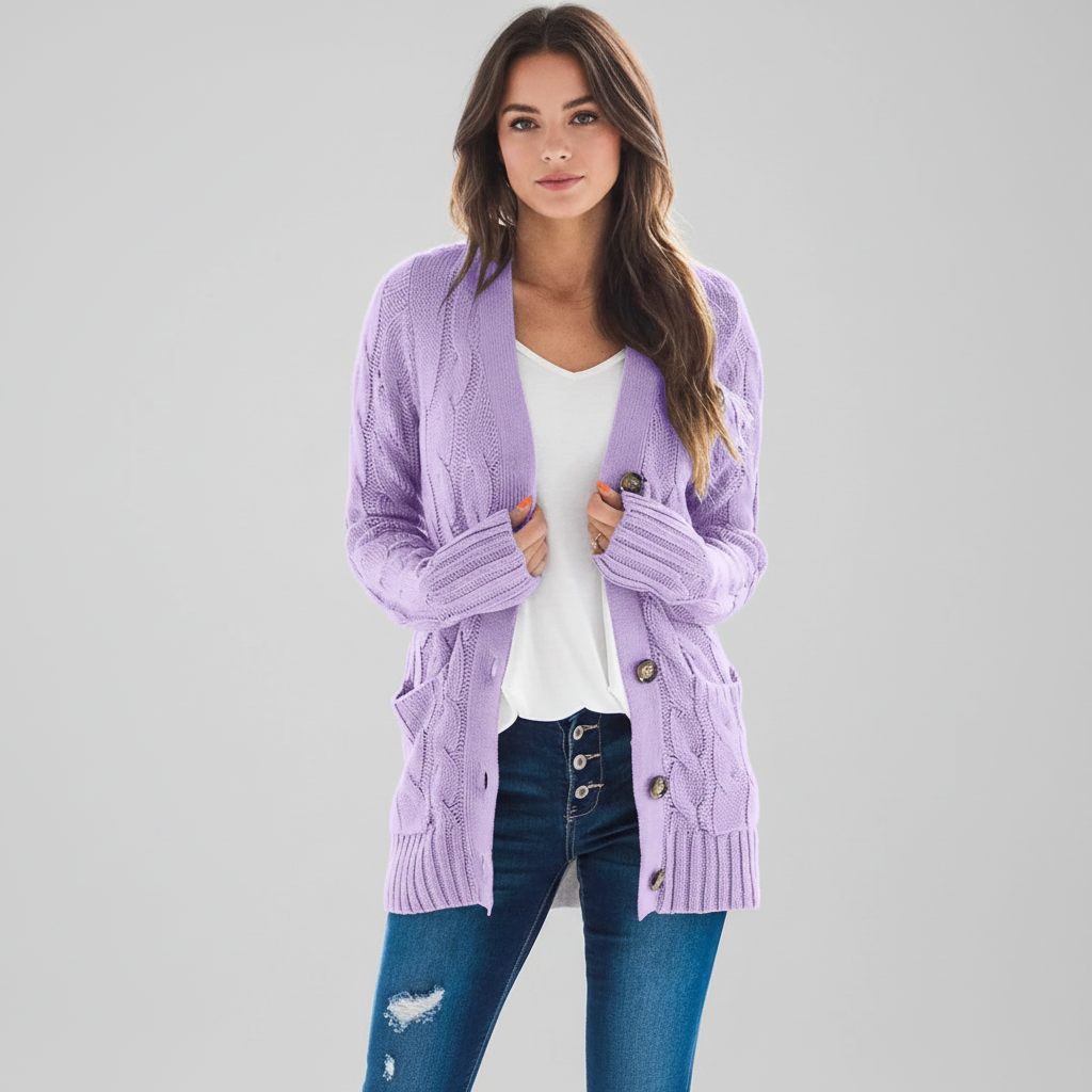 June-Esther | Women's Cable Knit Button-Front Cardigan