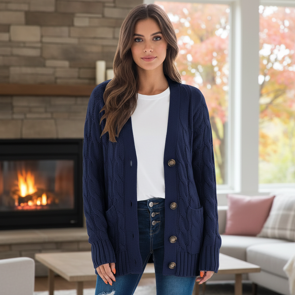 June-Esther | Women's Cable Knit Button-Front Cardigan