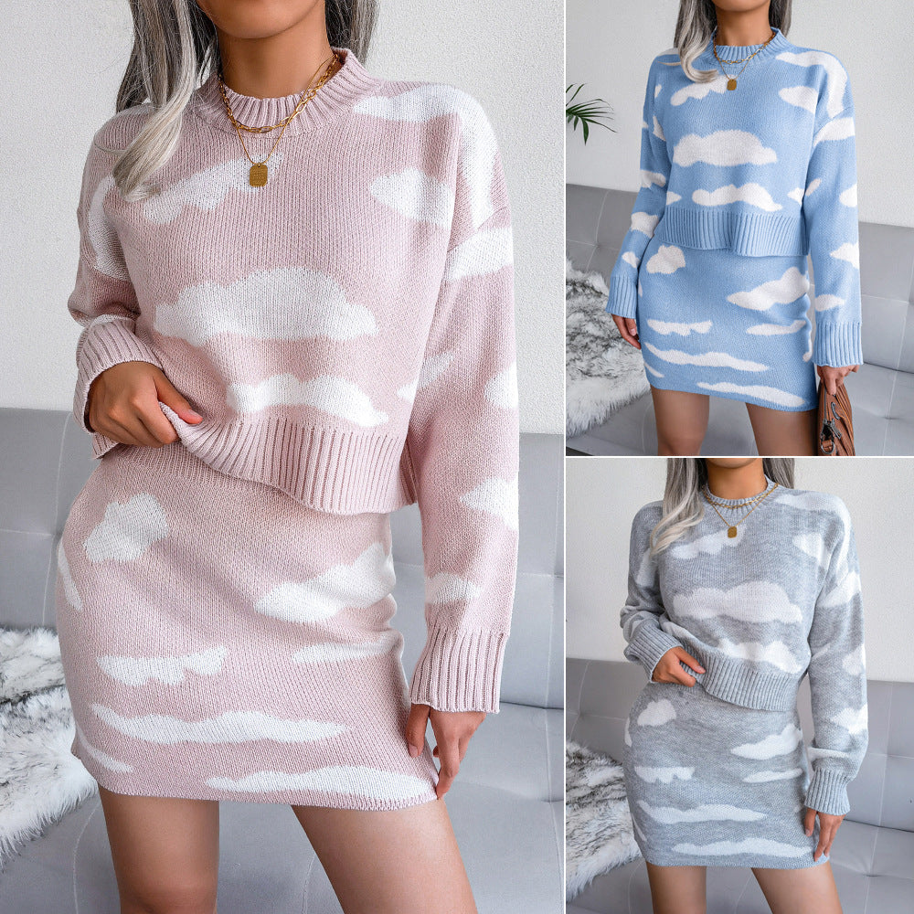 Lillian-Katharine | Women's Cloud-Print Knit Jumper and Skirt Set
