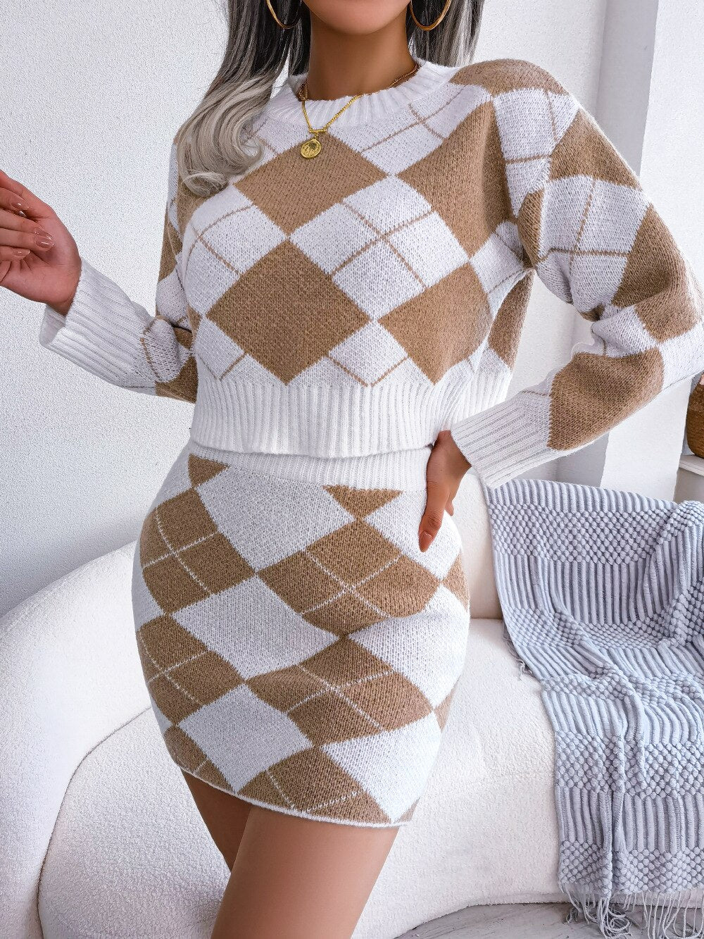 Lillian-Katharine | Women's Cloud-Print Knit Jumper and Skirt Set
