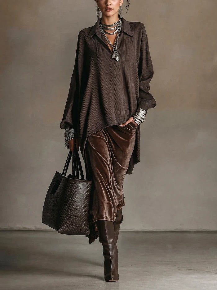 Regina-Isabelle | Women's Collar Blouse & Velvet Midi Skirt Set