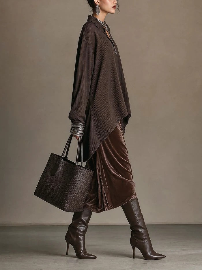 Regina-Isabelle | Women's Collar Blouse & Velvet Midi Skirt Set