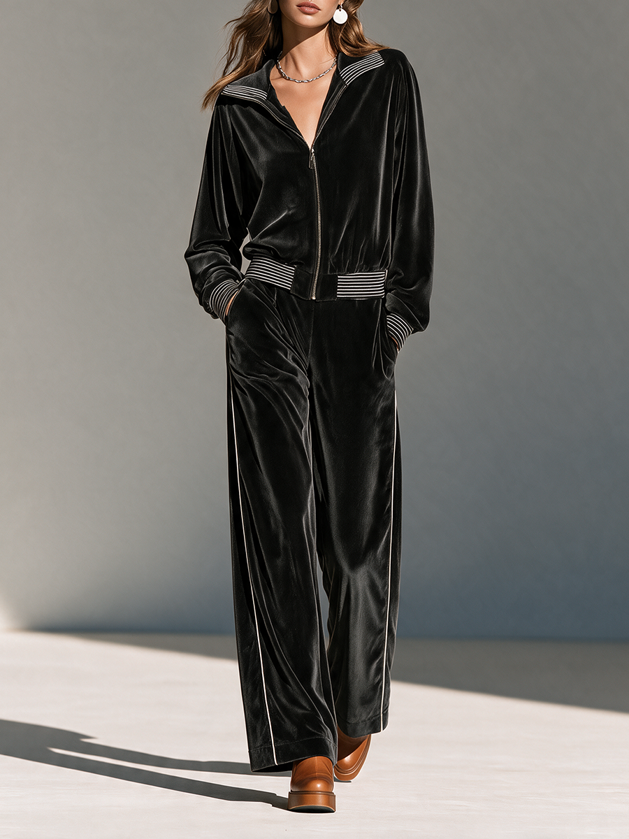 Frances-Veronica | Women's Contrast-Rib Zip Jacket and Wide-Leg Pants Velvet Set