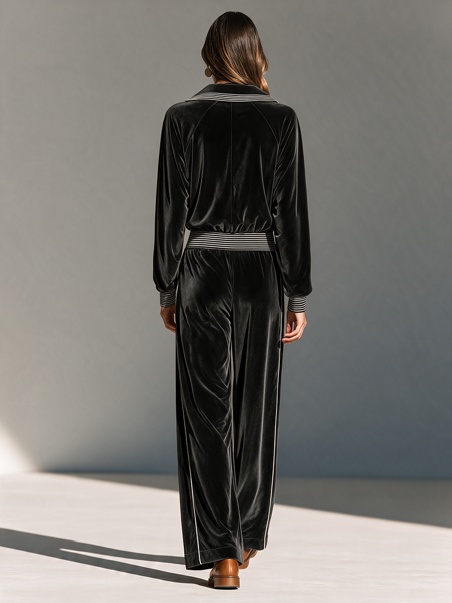 Frances-Veronica | Women's Contrast-Rib Zip Jacket and Wide-Leg Pants Velvet Set