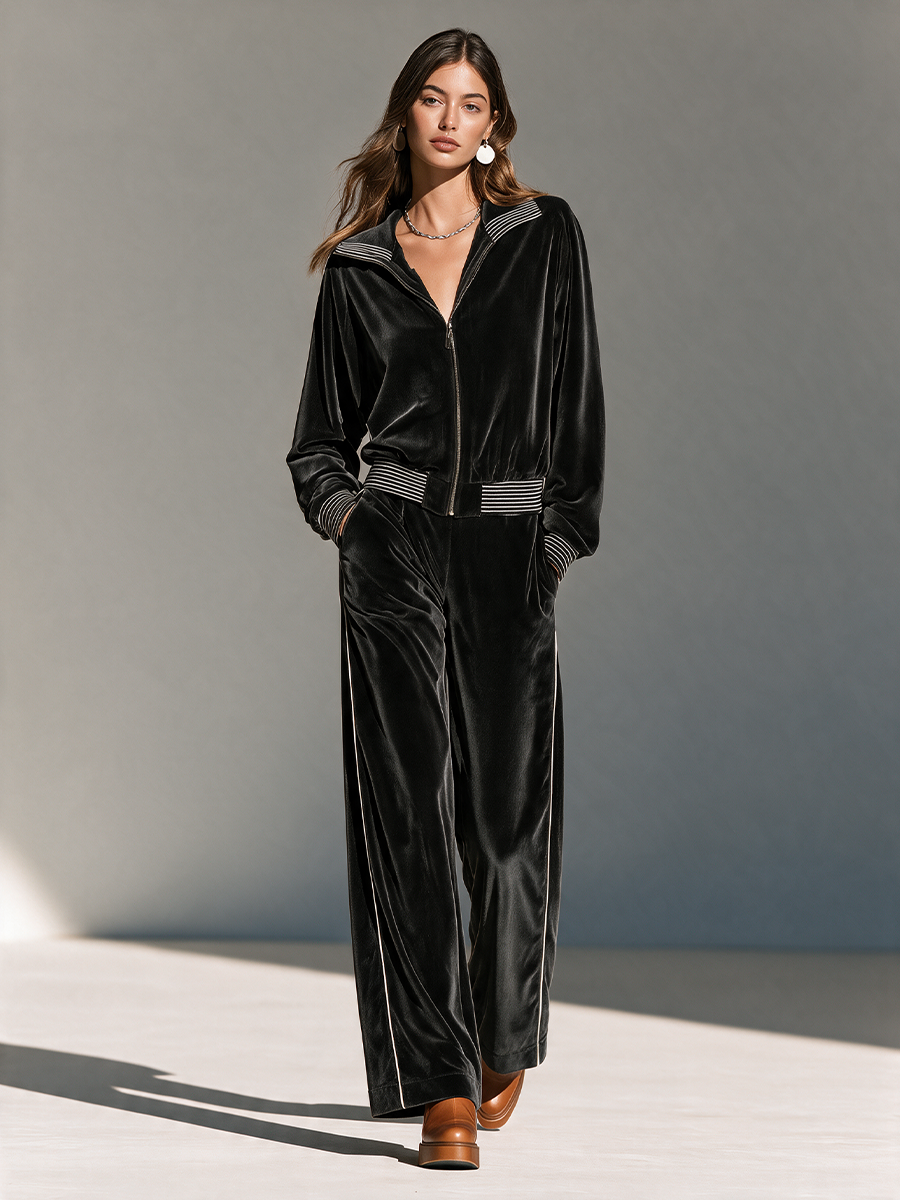 Frances-Veronica | Women's Contrast-Rib Zip Jacket and Wide-Leg Pants Velvet Set