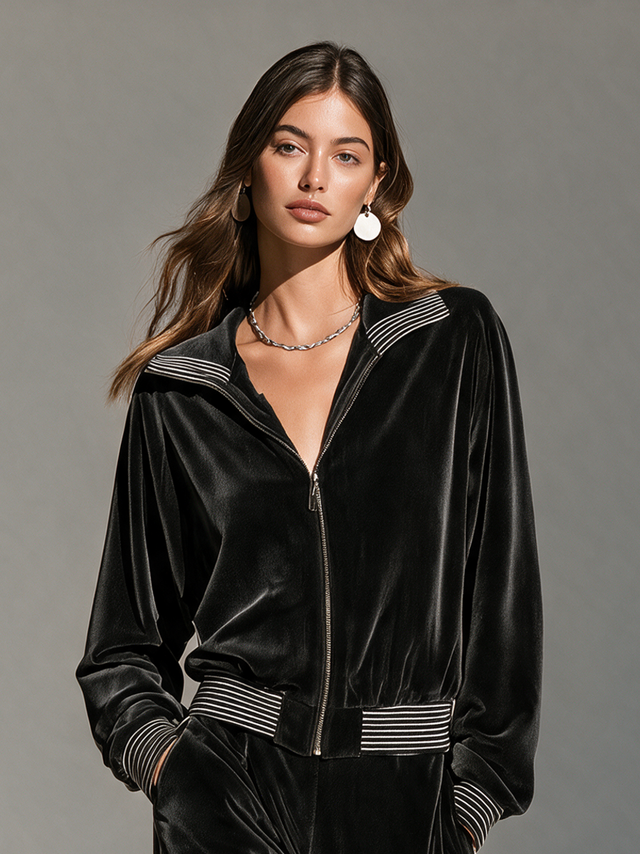 Frances-Veronica | Women's Contrast-Rib Zip Jacket and Wide-Leg Pants Velvet Set