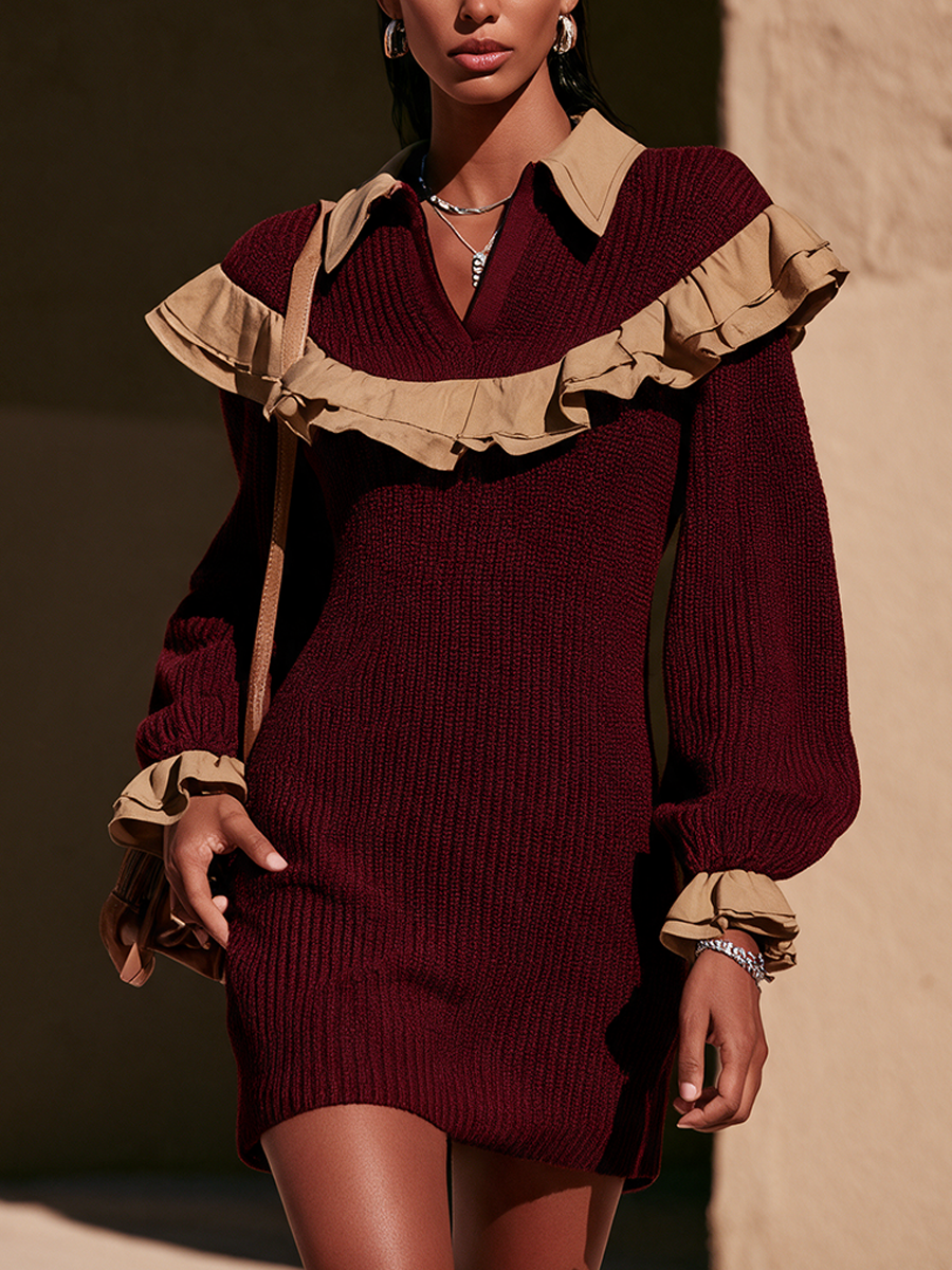 Aurelia-Harriet | Women's Contrast Ruffle Balloon-Sleeve Sweater Dress