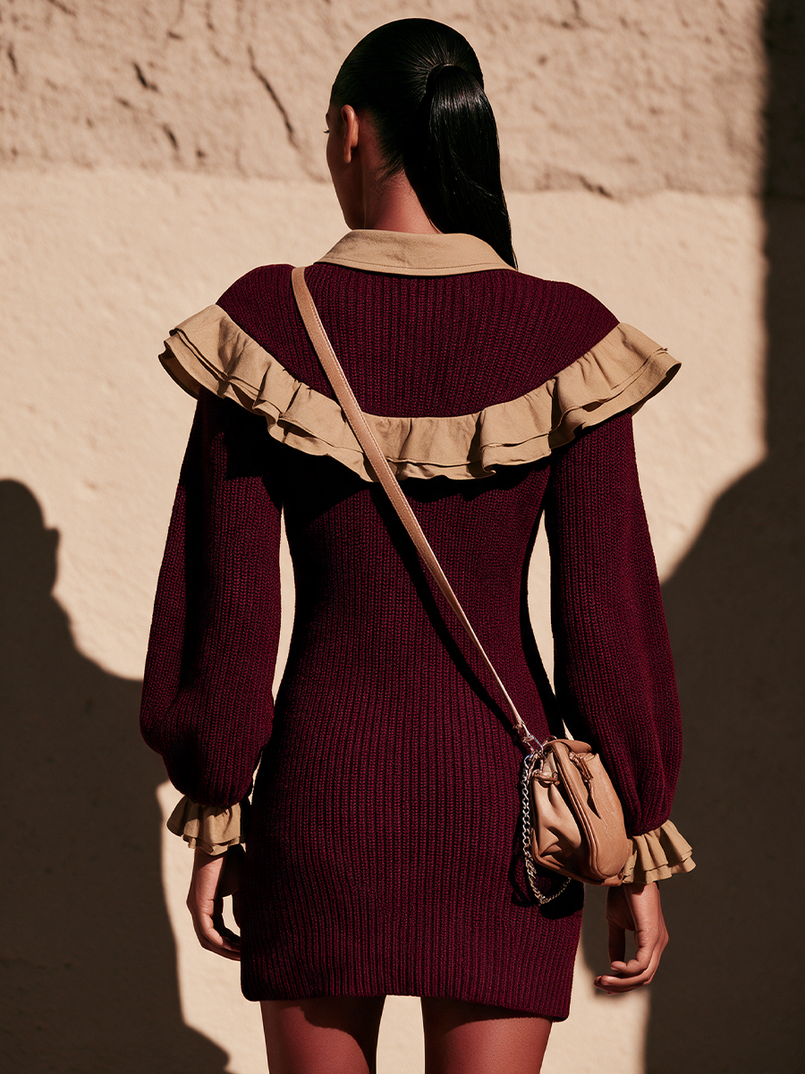 Aurelia-Harriet | Women's Contrast Ruffle Balloon-Sleeve Sweater Dress