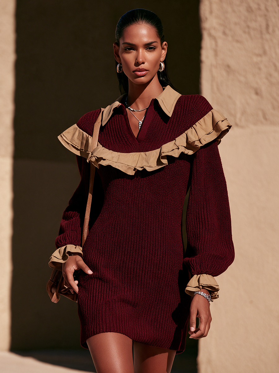 Aurelia-Harriet | Women's Contrast Ruffle Balloon-Sleeve Sweater Dress