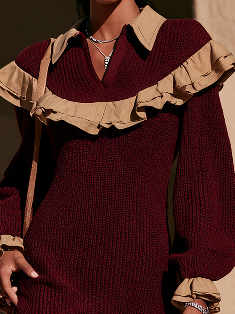 Aurelia-Harriet | Women's Contrast Ruffle Balloon-Sleeve Sweater Dress