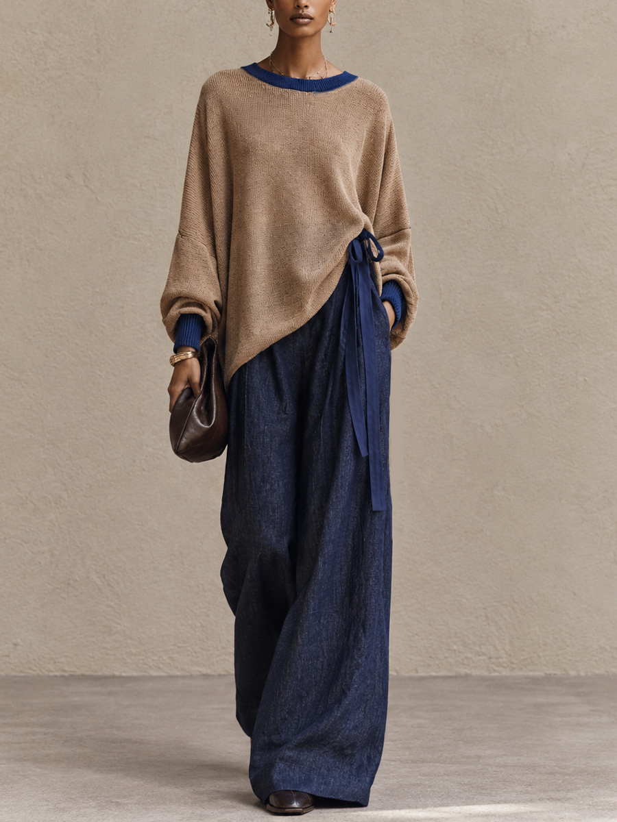 Pauline-Agnes | Women's Contrast Trim Sweater and Wide-Leg Pants Set