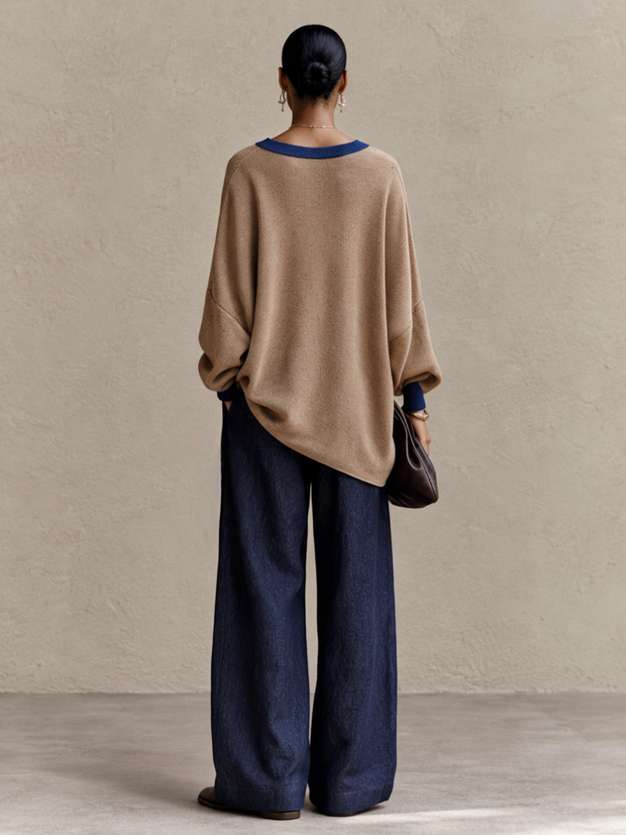 Pauline-Agnes | Women's Contrast Trim Sweater and Wide-Leg Pants Set