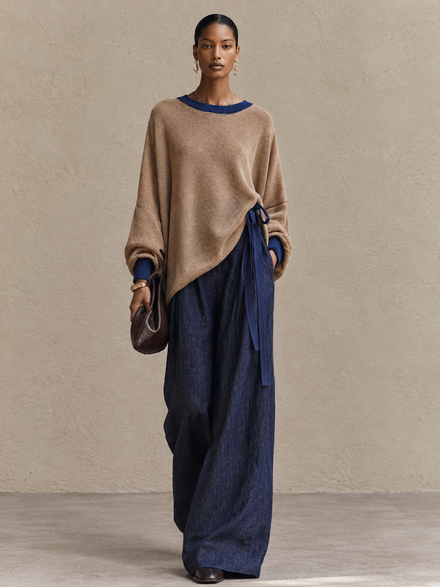 Pauline-Agnes | Women's Contrast Trim Sweater and Wide-Leg Pants Set