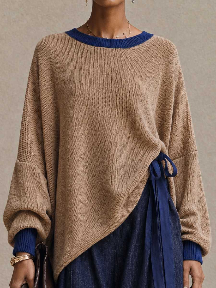 Pauline-Agnes | Women's Contrast Trim Sweater and Wide-Leg Pants Set
