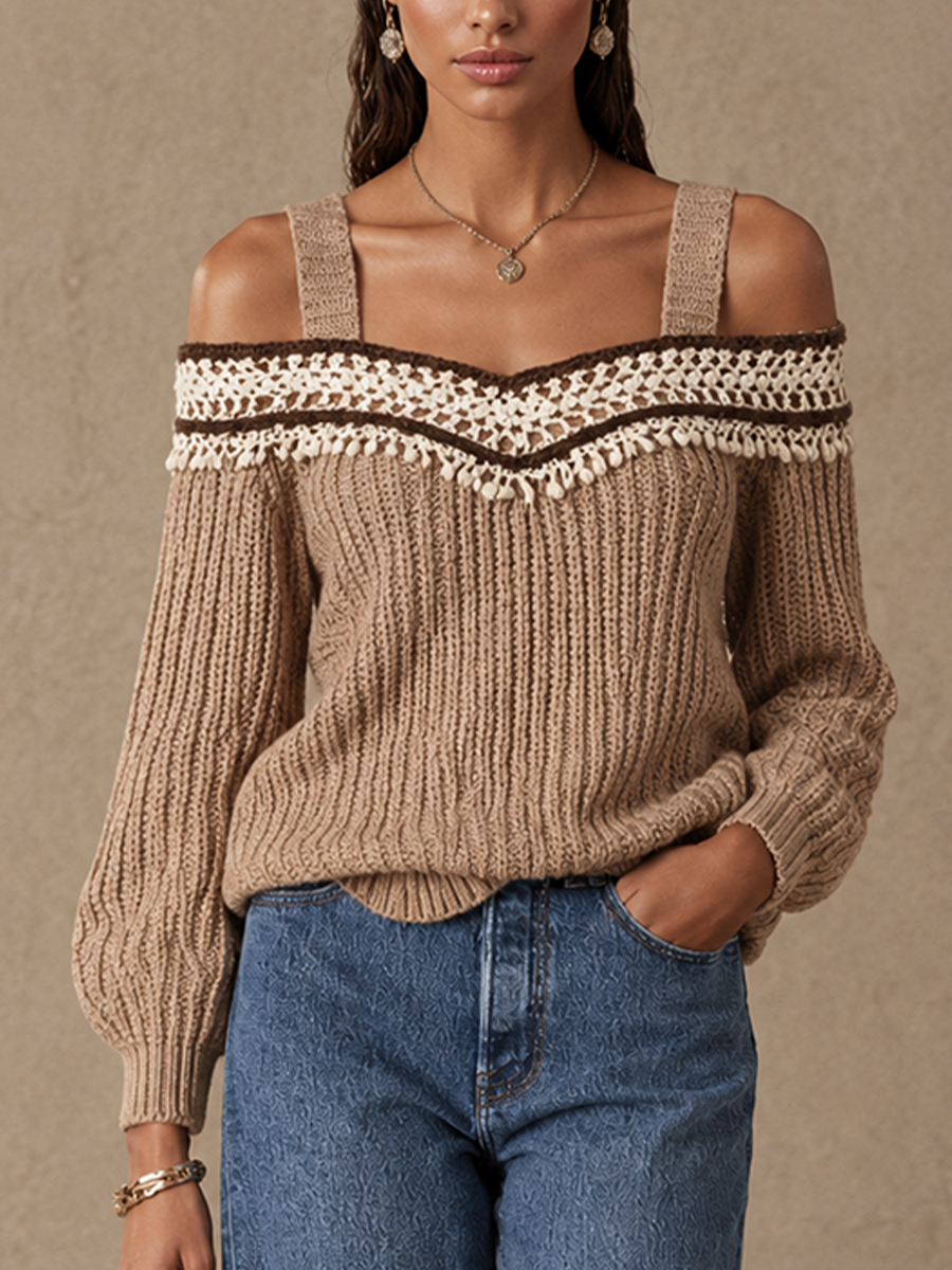 Madeline-Sybil | Women's Crochet Trim Off-Shoulder Sweater Dress