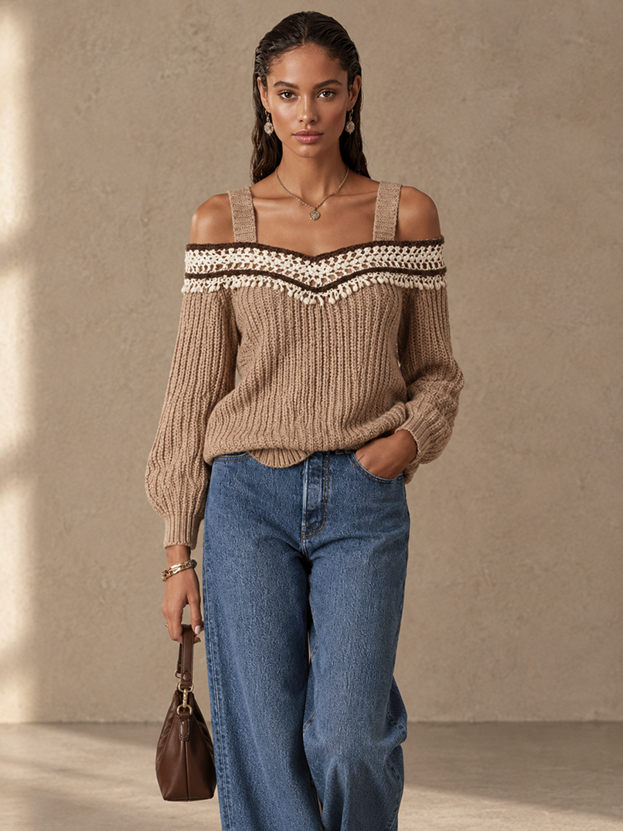 Madeline-Sybil | Women's Crochet Trim Off-Shoulder Sweater Dress