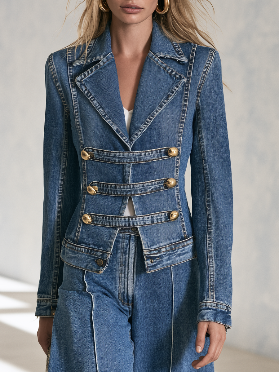 Elsa-Lydia | Women's Denim Military Blazer with Gold Buttons