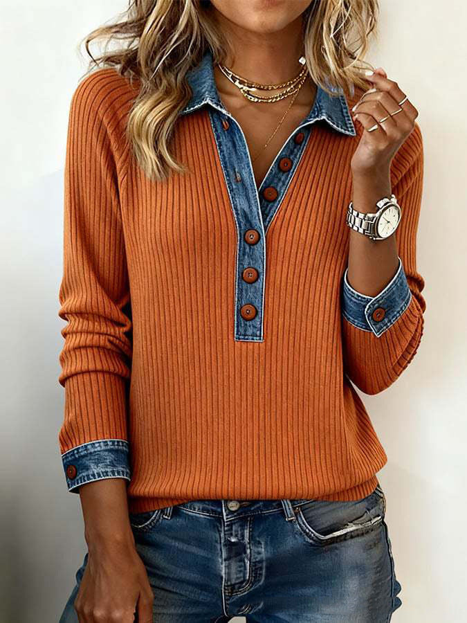 Estelle | Women's Denim-Trim Ribbed Sweater with Shirt Collar