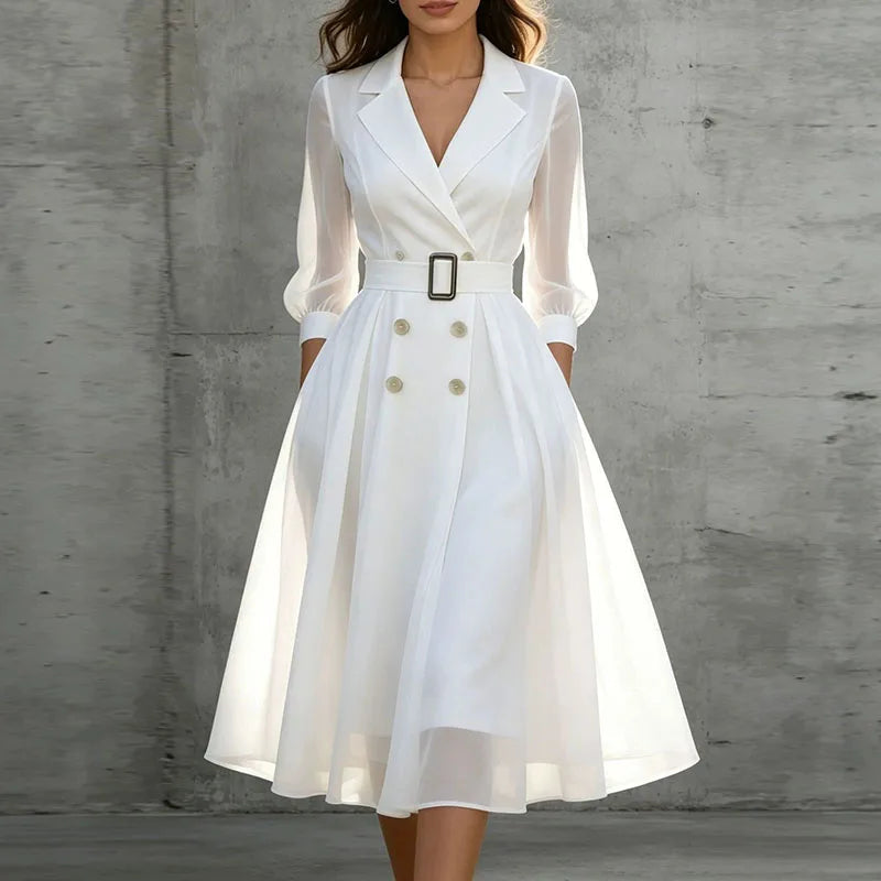 Rhea | Women's Double-Breasted Puff-Sleeve Midi Dress