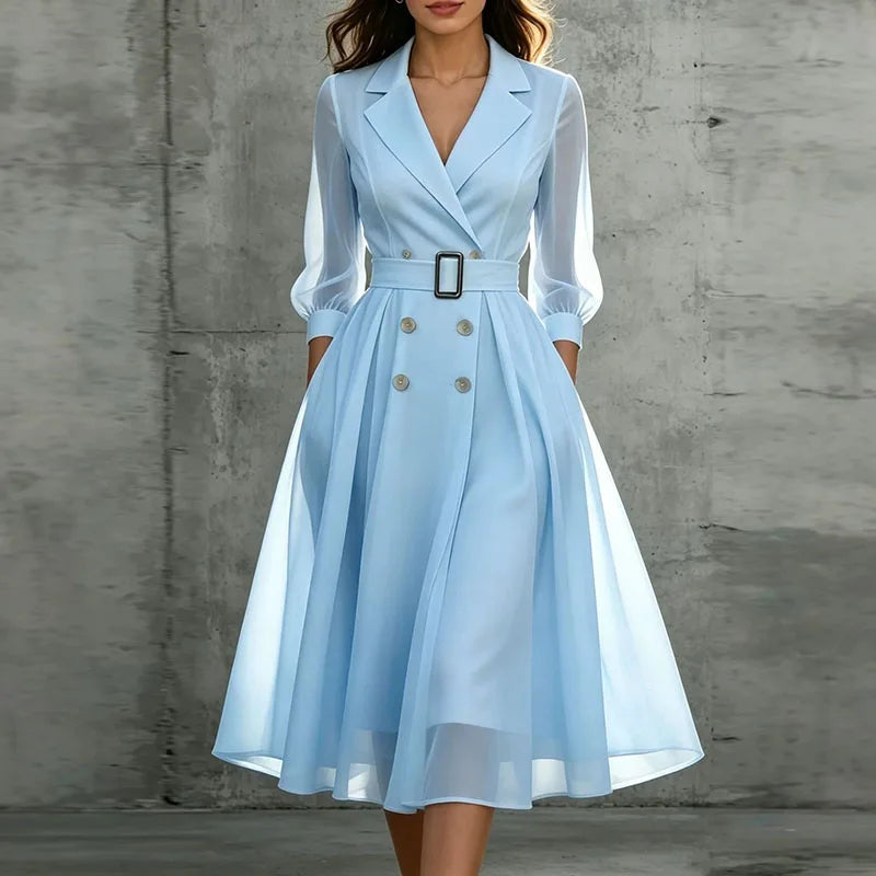 Rhea | Women's Double-Breasted Puff-Sleeve Midi Dress