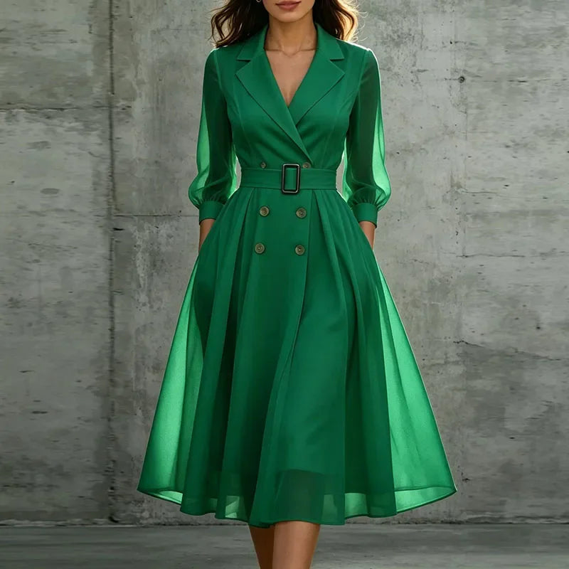 Rhea | Women's Double-Breasted Puff-Sleeve Midi Dress