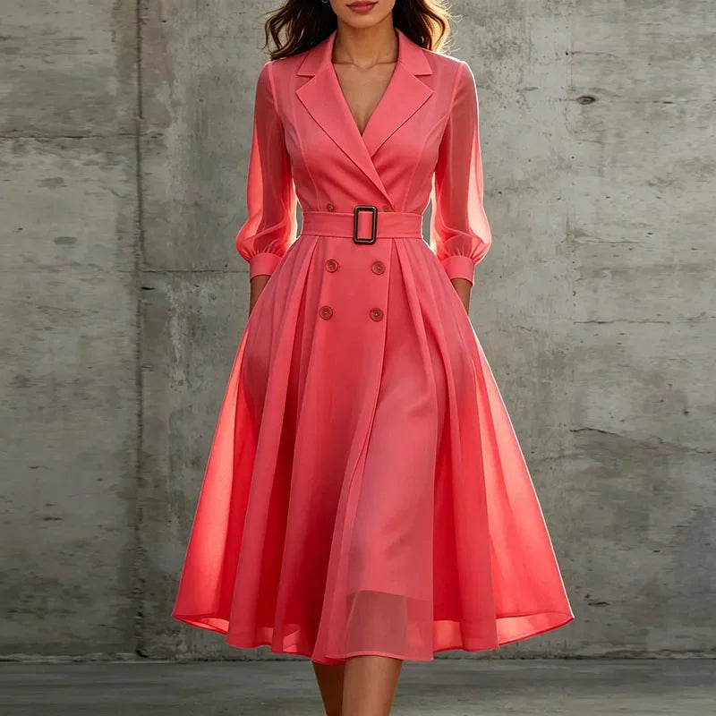 Rhea | Women's Double-Breasted Puff-Sleeve Midi Dress