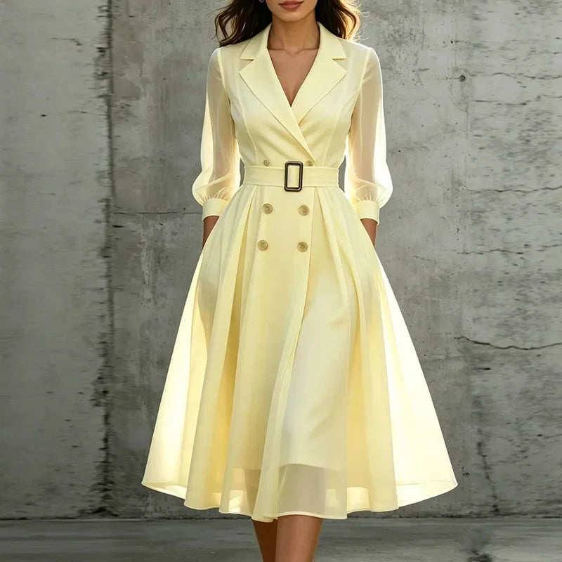 Rhea | Women's Double-Breasted Puff-Sleeve Midi Dress