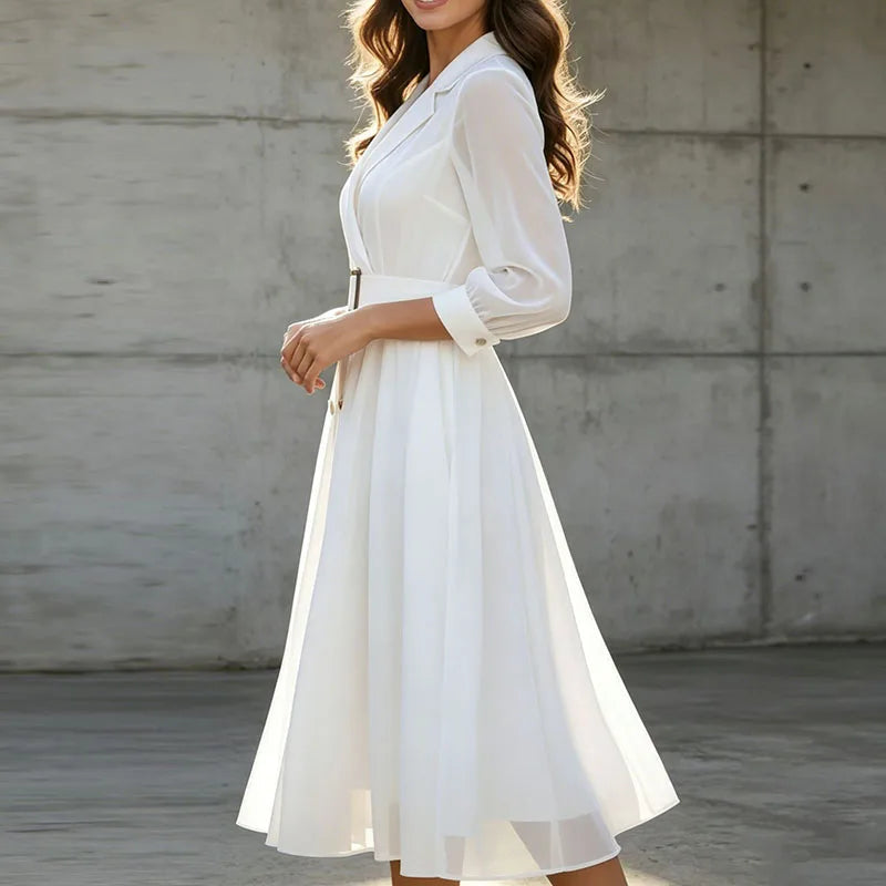 Rhea | Women's Double-Breasted Puff-Sleeve Midi Dress