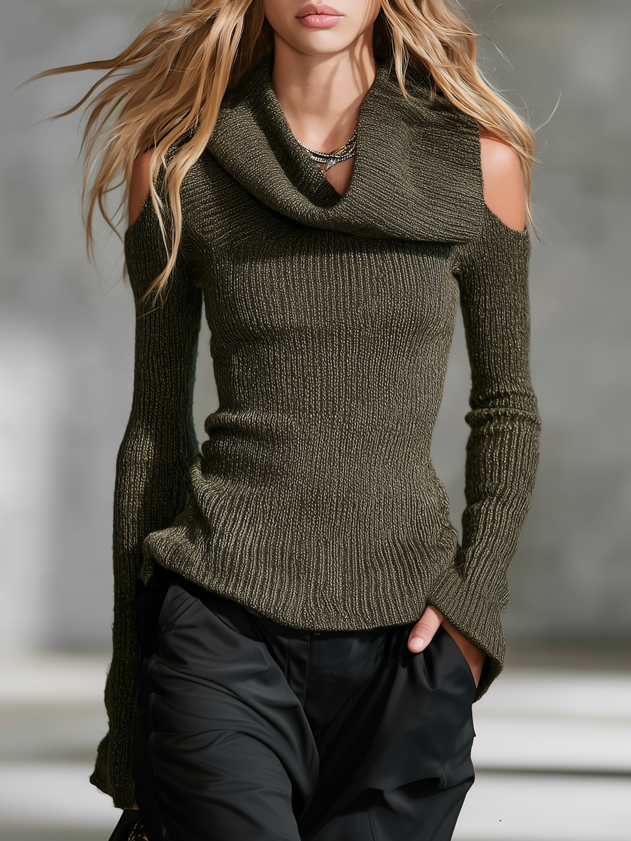 Valerie-Hilda | Women's Draped Cowl-Neck Cold-Shoulder Knit Top