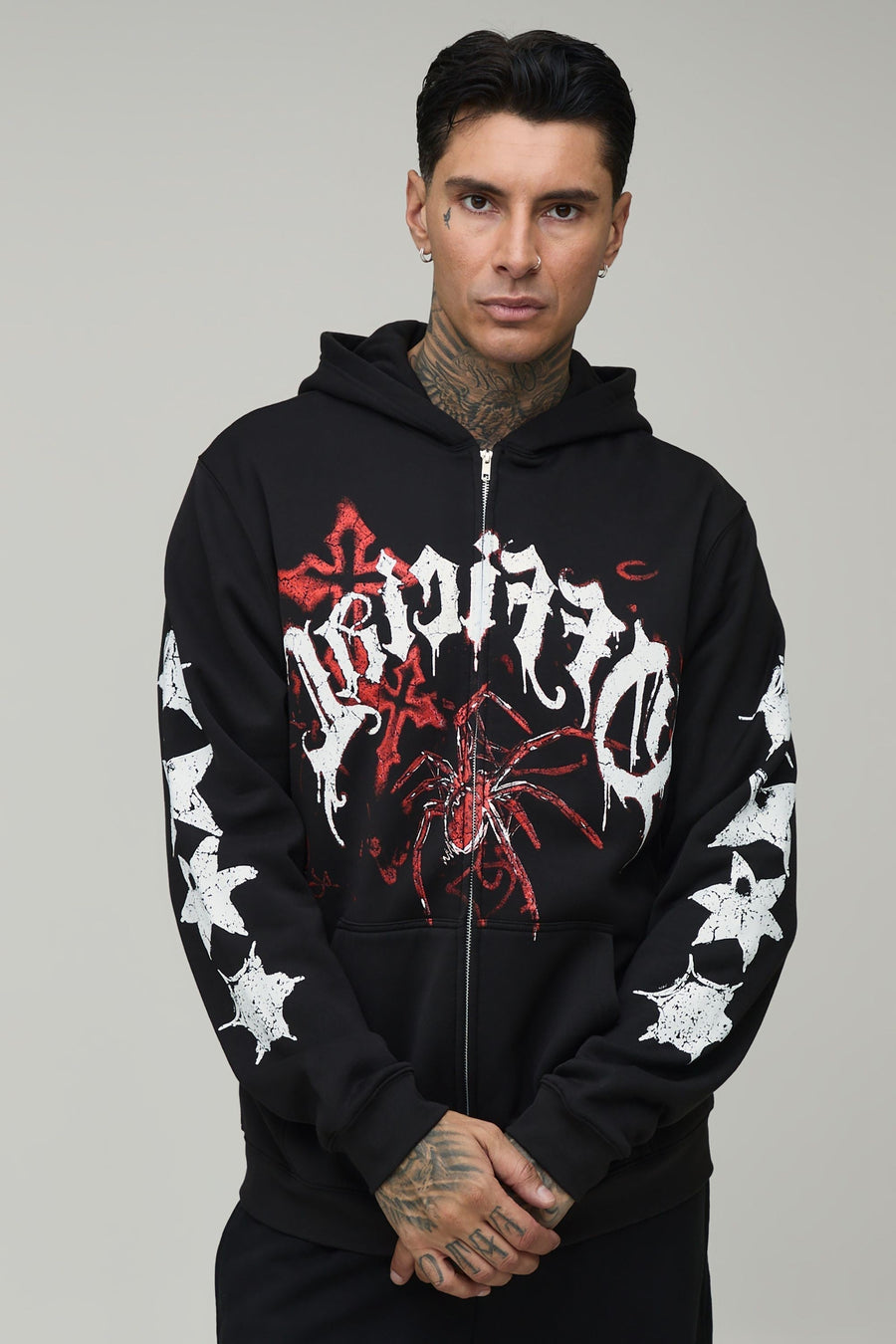 Teresa-Eleanor | Women's Extended-Sleeve Zip Hoodie with Spider Graphic