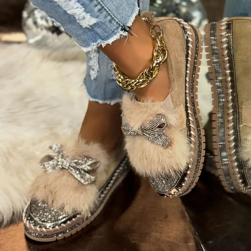 Edith | Women's Faux Fur Crystal Bow Loafers