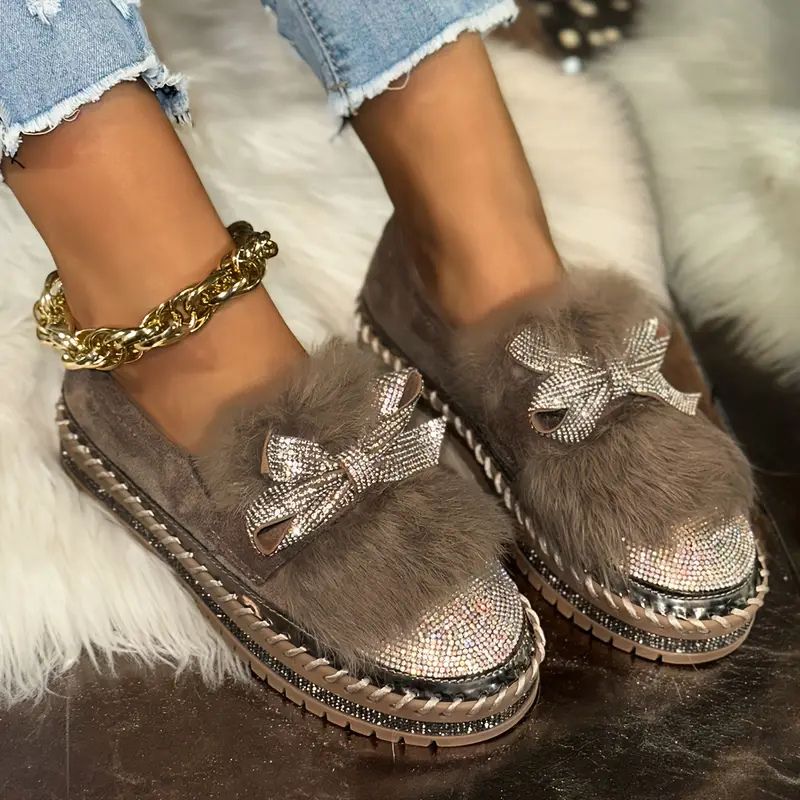 Edith | Women's Faux Fur Crystal Bow Loafers